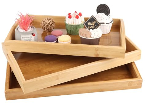 APACALI 3pcs Plateaux de Service en Bambou, Plateau de Service Repas Rectangle avec Poignées, Plateau en Bois 3 Grandes Moyennes et Petites, Plateau Petit-Déjeuner Plateau Service pour Vaisselle