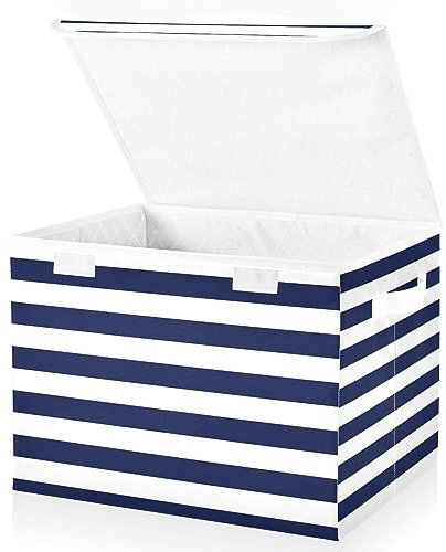 Mnsruu Storage Boxes with Lids, Navy Blue And White Stripes Large Storage Basket Organizer Shelves Cube Bin Toy Clothes Underbed