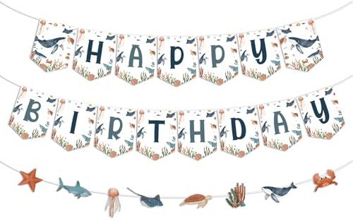 Jollyboom Ozean Tier Geburtstag Banner, Ocean Happy Birthday Banner Girlande Seestern Meeresschildkröte Oktopus Wal Kein DIY Erforderlich Banner für Junge Unter dem Meer Sommer Ozean Thema Geburtstag