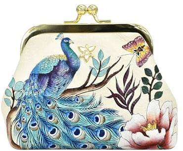 Anuschka Münzbeutel mit Bügelverschluss und Schlüsselring aus Leder, handbemalt - Pretty Peacocks