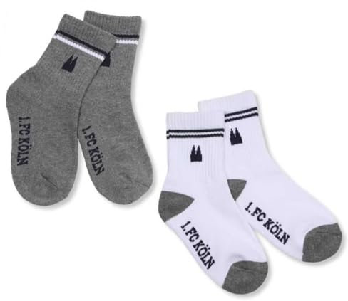 1. FC Köln Kinder Sportsocken - College - grau-weiß 2er Set Socken - Plus Lesezeichen I Love Köln Größe 31-33