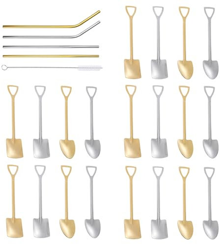 Doafoce Cuchara de Pala de Acero Inoxidable 25 Piezas Cuchara de Acero Inoxidable con Pajitas Metal Cuchara de Sandía Cuchara en Forma de Pala para Picnics Bares Cocinas Fiestas