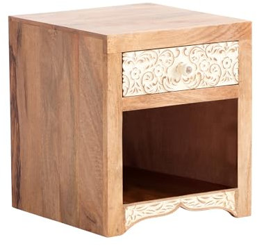 Woodkings Nachttisch Delhi | Nachtkonsole 40x45x40cm aus Mangoholz | Rustikaler Landhausstil für Schlafzimmer | Beistelltisch mit Eleganten Schnitzereien & Stauraum