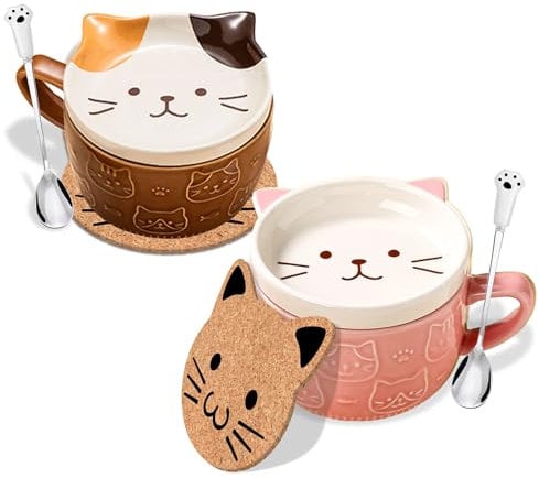 2Set Cute Kawaii Cat Coffee Mugs with Lids - Birthday Gifts For Women - Funny Novelty Cat Coffee Ceramic Tea Cup