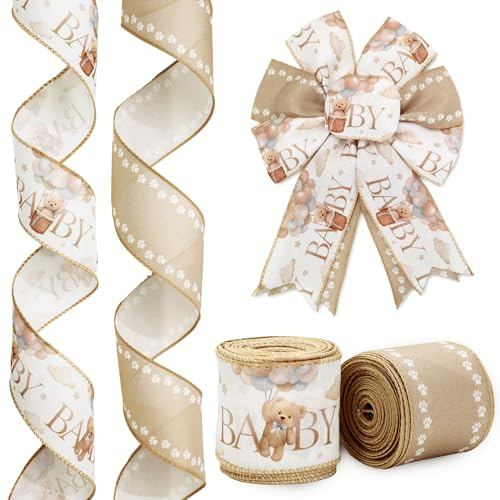 JarThenaAMCS Baby Shower Wired Edge Ribbon Brown Bear Paw Craft Ribbon Fabric Ribbons for Diaper Cakes Wreath Bow DIY Crafts Gift Wrapping Party Decor, 2 Rolls, 20 Yard