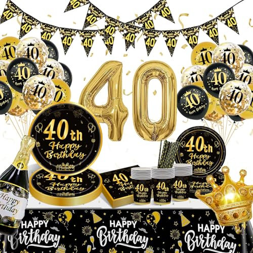40 Años Decoracion Cumpleaños, Juego de Vajilla para Fiestas, Banderola Decoracion 40 Cumpleaños Hombre Mujer, Juego de Vajilla Dorada Negra para Dfiesta de Cumpleaño 40 Años Decoracione 16 invitados