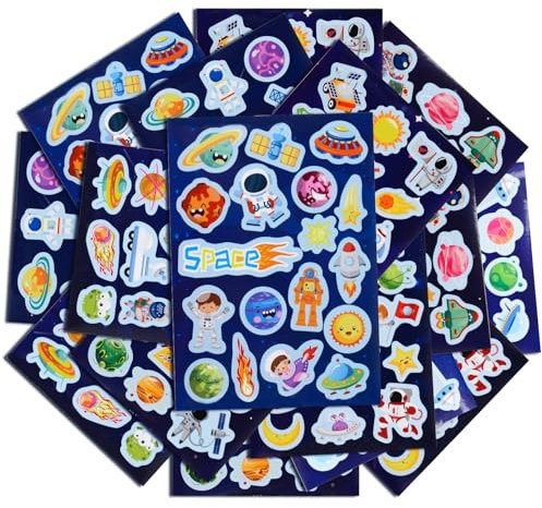 BETESSIN Weltraum Aufkleber - 16 Bögen Weltraum Sticker mit Planeten, Raumschiff und Astronaut Mustern - Planeten Sticker für Scrapbooking und Basteln - Weltraum Geschenk für Kinder und Space-Fans