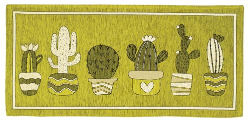Floori Tappeto Cucina Cactus Ciniglia con Antiscivolo Moderno Passatoia Cucina Ingresso Piante Grasse Colori Moderni Arredo Salotto Camera Made in Italy (Verde Mela, 57x115 cm)