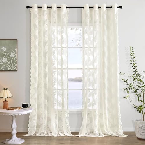 MIULEE Spitzenvorhänge mit Transparent Lichtdurchlässige Vorhänge Muster Gardinen mit Ösen 2er Set Voile Vintage Europäische Stil für Schlafzimmer und Wohnzimmer, 2X H245 x B150 cm, Elfenbeinweiß