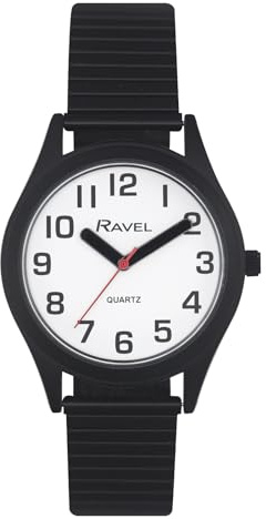Ravel - Unisex-Uhr mit superflachem Sichthilfe-Edelstahl-Expanderarmband mit großen Zahlen und Zeigern