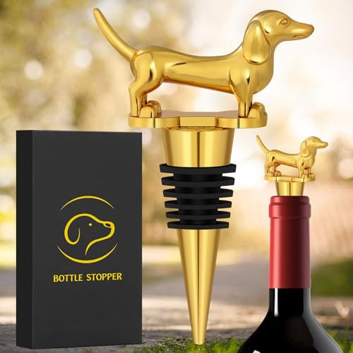 LKKCHER Gold Dackel Weinflaschenverschluss, Dackel Geschenke, Dackel Deko Geburtstagsgeschenk Weingeschenke für Männer Papa Frauen, Dackel Weihnachtsschmuck, Flaschenverschlüsse für Wein Champagner