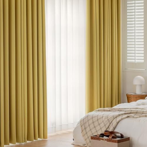 Homxi Blickdichte Vorhänge Jugendzimmer 2er Set,2 x 86W x 214H cm,Vorhänge Blickdicht Kinderzimmer Gelb Einfarbig Vorhang mit Ösen