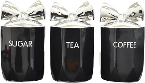 Ceramic Tea Coffee Sugar Canisters Set Decorative kitchen Food storage Container Canister Jars Silver Bow Airtight Lids for Home Kitchen, Your Favorite Tea, Sugar, and Coffee - Set of 3 (Black)