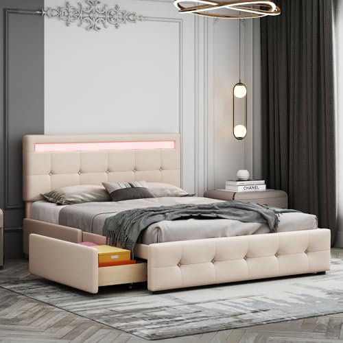 Polsterbett 140 x 200 cm mit LED, Lattenrost & Bettkasten auf Rollen,, Einzelbett mit Kopfteil & 4 Schubladen, hautfreudliches Leinen-Oberfläche Kinderbett Jugendbett Gästebett, beige (ohne Matratze)