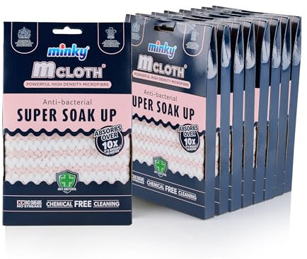 Minky M Cloth Super Soak Up - Multipack Microfibre Cloths, Pack of 9, Ultra Absorbent, Powerful Water Absorbing Anti-bacterial Cleaning Microfibre Cloth, Multiuse Duster, Quick Dry (Pink)