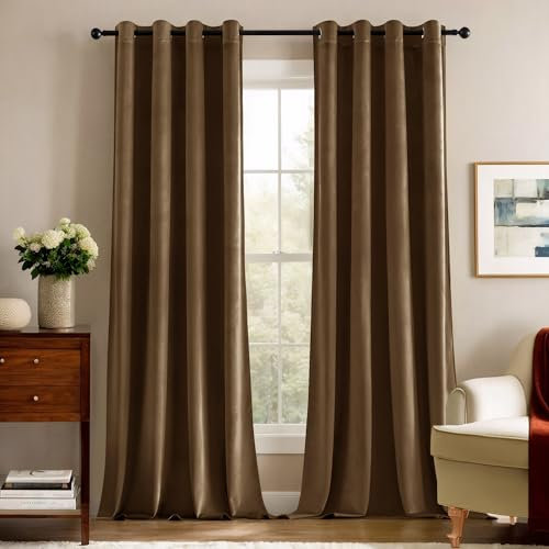 Deconovo Blickdichte Gardinen Vorhänge Blickdicht Gardine Samt Schlafzimmer Vorhang Wärmeisolierende, 240x140 cm(HöhexBreite), Dunkletaupe, 2er Set