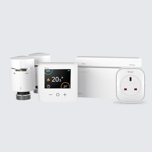 Wiser By Drayton Smart Thermostat Heating Kit Thermostat Kit 1 with 2 x Smart Radiator Thermostat TRV + Smart Plug– Heating for Combi Boiler Complete Heating Control from Anywhere DIY Install
