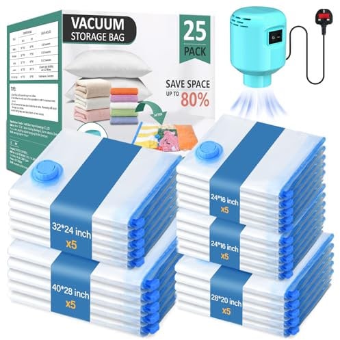Vacuum Storage Bags with Electric Pump 25Pack(5 Jumbo/5 Large/5 Medium/5 Small/5 Roll Up Bags) Vacuum Seal Bags For Clothing Travel Packing,Blanket,Duvets,Pillows,Comforters