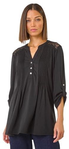 Roman Originals Lace Trim Buttoned Shirt for Women UK - Ladies Everyday Autumn Winter V-Neckline Comfy Soft Evening Vacation Work Party Night Out - Black - Size 12