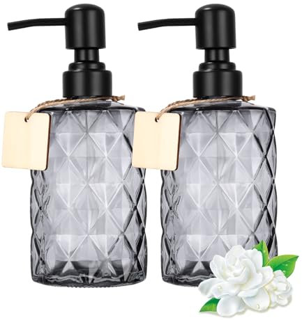 Goxiry Seifenspender Glas Schwarz Grau 2 Stück Spülmittelspender mit 2 Holzetikett und Edelstahl Pumpkopf 350 ml Soap Dispenser für Badezimmer Küche Arbeitsplatte Handseife Shampoo Duschgel