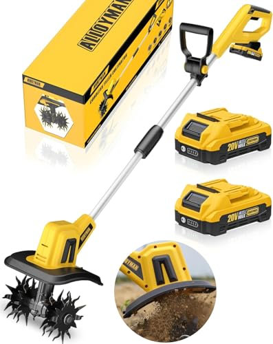 Alloyman Motozappa elettrica da 20 V, fresa da giardino, batteria da 360 giri/min, con 2 batterie da 2,0 Ah e caricabatterie, larghezza di lavoro 23 cm, profondità 17 cm, fresa da giardino per la