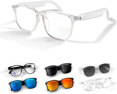 Intelligente Audio Sonnenbrille für Herren Damen mit Mikrofon Lautsprecher Wireless Bluetooth Smart Sun Glasses Polarisierten Brillengläsern Audiofunktion mit Kopfhörer (Weiß-Transparent)