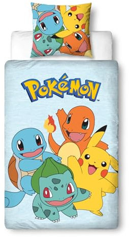 Bettwäsche Pokemon 135x200 - Kinder Gaming Geschenkidee, 1x Kissenbezug 80x80 + Bettbezug 135x200, mit Reißverschluss - Wende-Motiv - Pikachu Fanartikel Teenager Jungen und Mädchen Geschenk
