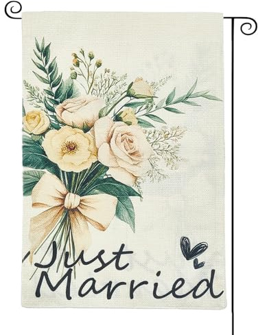 NICENEEDED Gartenflagge Just Married Für Hochzeiten 12 x 18 Zoll Doppelseitig Außen Blumenhochzeits Willkommensdekoration Für Den Garten Und Den Außenbereich