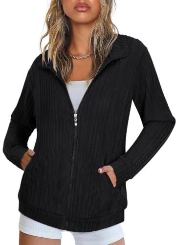 Syphiby Cardigans for Women UK Ladies Full Zip up Hoodies Jackets for Women UK Knitted Tunic Blouses Womens Long Sleeve Tops with Pockets Women Autumn Clothes Outfits Outwear Black