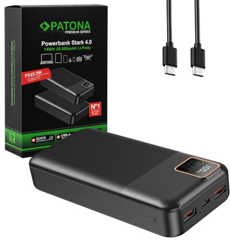 PATONA Power Bank Stark 4.0 | PD22,5 W | 20 000 mAh, 74 Wh | Tipo: polimeri di litio | Uscita: 2 X USB-A – 1 X USB-C 5 A max. | dispositivi di protezione – sovraccarico, scarica profonda