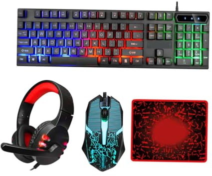 MUELODSIC Wired USB Keyboard Mouse Headset Combo with Ergonomic Design Plug and Play Gaming Bundle for Office and Desktop Use Replacement with Mouse Mat