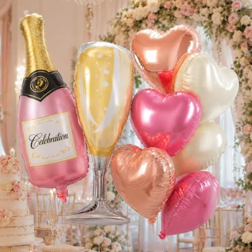 Rose Gold Pink Heart Balloons with 37inch Champagne Bottle Glass Foil Balloons, Helium Pearl Pink Gold Cream Heart Shaped Wine Balloon for Women Birthday Valentines Bridal Shower Wedding Engagement