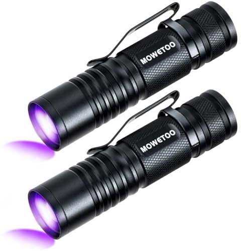 MOWETOO UV Taschenlampe Aufladbar - Mini Schwarzlicht, 2er-Pack | 395nm, Zoombar, Ultraviolettes Licht, Urinuntersuchung von Haustieren, Geldscheinkontrolle, Haushalt, Bernsteinsuche