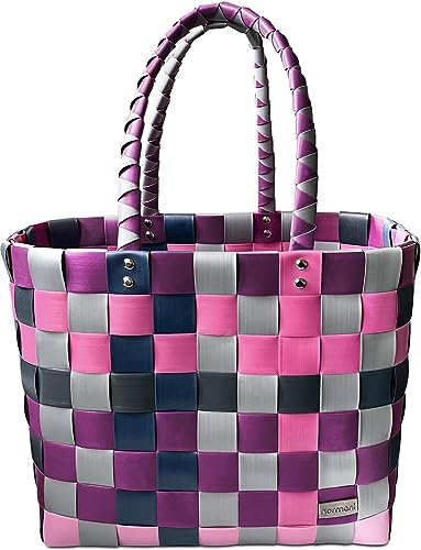 normani® Einkaufstasche Shopper geflochten aus Kunststoff - robuster Strandkorb Vintage Style 38cm x 25cm x 28cm Farbe Classic/Dark Princess