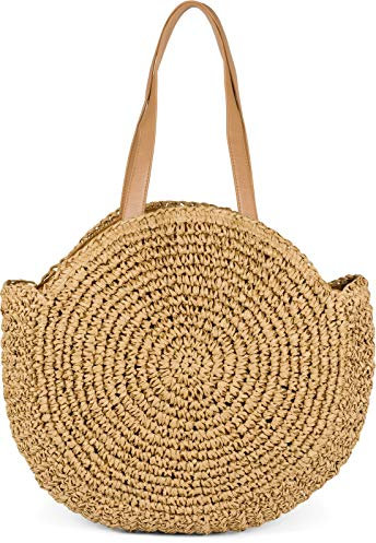 styleBREAKER runde Damen Basttasche mit langen Henkeln | Geflochtene Korbtasche als Strandtasche oder Shopper | Großes Hauptfach mit Reißverschluss, Farbe:Braun