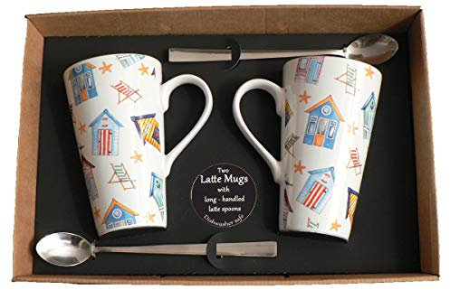 Set of 2 Beach Hut Latte Mugs Gift Boxed with Spoons. Ceramic Latte Mug 3/4pt Capacity