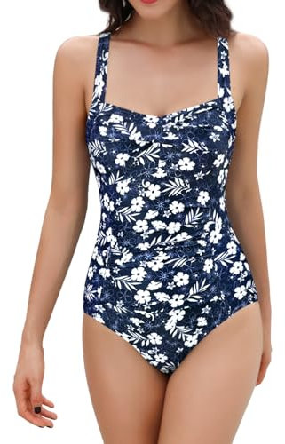 SHEKINI Mare da Donna Costumi Interi Push up Retro Bikini con morbide Coppe Un Pezzo Costume da Bagno Intero Ruched Triangolo Regolabile Sexy Body Swimsuit Monokini (Medium, Stampa Floreale -Bianco)
