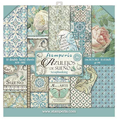STAMPERIA SBBS04 Small Papierblock 10 Blätter doppelseitig Azulejos de Sueno, Mehrfarbig, 20.3 x 20.3 (8 x 8)