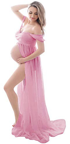 FEOYA Robes Enceintes Maternité Photographie Robe Sexy Longue Jupe en Mousseline de Soie Fente Avant pour Souvenirs Photographie Rose1 M