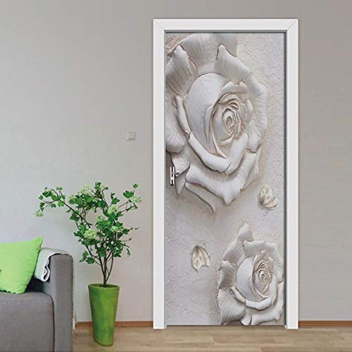 XWYDCF Adesivo per Porte 3D 95 * 215Cm Fiori Bianchi Tridimensionali in Rilievo Carta da Parati Autoadesiva sulla Porta Murale Impermeabile per La Decorazione della Porta di Casa Camera da Parete