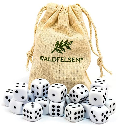 Waldfelsen 6, 12, 20, 30 oder 50 hochqualitative Würfel Standardgröße 16 mm Acrylwürfel Knobel Spielwürfel Dice 6-seitig sechsseitig Spielzubehör Set mit Stoffbeutel (Weiß, 20 Stück)