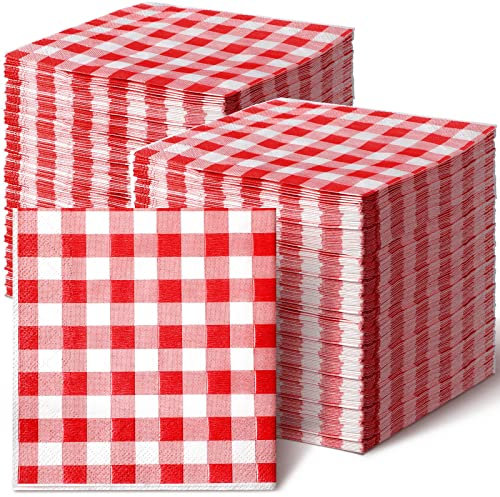 Papierservietten, Weihnachtsbüffelkariert, Küchendekoration, kariert, Einweg-Servietten, Bauernhaus-Papierhandtücher für Hochzeiten, Ostern, Zuhause, Abendessen, Party, Geschirr (rot und weiß, 13 x 13