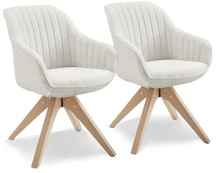 Zouron Lot de 2 chaises de Salle à Manger Beige Chaise pivotante Chaise à accoudoirs Chaise rembourrée Fauteuil avec accoudoirs, Assise en Tissu, Pieds en Bois,offwhite