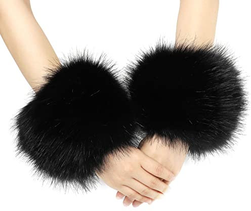 Cosysparks Fell PulswäRmer, Winter Fell Manschetten Schwarz Fell Stulpen Damen Weich Faux Pelz Armstulpen Faux Fell Stulpen PulswäRmer Damen Kunstfell Armstulpen füR Frauen MäDchen (1 Paar)