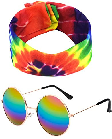 Karjiaja 2 Stücke Hippie Kostüm Set Hippie Accessoires mit 60er Jahre Retro Vintage Brille, Friedenszeichen Halskette Damen und Buntes Hippie Stirnband für 60er 70er 80er Party Verkleiden Zubehörset