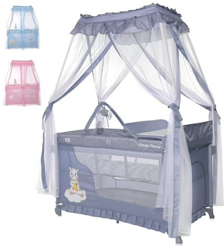Lorelli 3 in 1 Babybett und Laufstall, Baldachin Betthimmel Magic Sleep mit 2 Ebenen, Kinderbett ab Geburt, Baby Reisebett, Wickelauflage, Rollen, Tasche, grau
