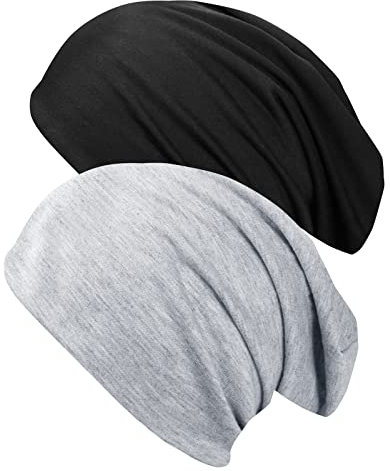 WOVOWOVO Slouchy Beanie für Damen und Herren, dünne Beanie-Mütze Baggy Long Skull Cap Soft Sleep Chemo Fashion Zwergmützen 2 Pack, Schwarz / Hellgrau, L