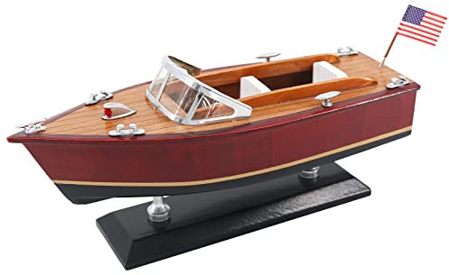 NAUTIMALL 10 Wooden Speedboat Model Ship Sailing runabout 1/27 Scale Replica Nautical Decoration (10”, Burgundy)