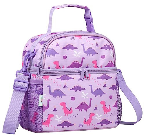 VASCHY Bolsa Almuerzo para Niños Niñas, Bolsa Térmica Porta Alimentos Nevera Portatil con Doble Compartimento, Bolsas Térmicas Infantiles para Escuela Guardería Picnic, Dinos Lila