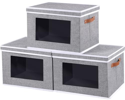 OUTBROS Storage Bins with Lids, Fabric Boxes with Window, Closet Organizer with Handles and Clothing Containers, 45 X 30 X 30 cm, Grey, 3-Pack